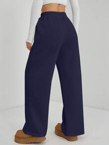 SHEIN PETITE Women's Fall Pebble Detail Straight-Leg Sweatpants,Fall,Fall Clothes For Women - Navy Blue - View 2