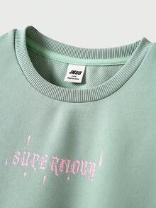 JNSQ Tween Girls Loose Fit Crew Neck Long Sleeve Graphic Letter Print Sweatshirt, Suitable For Autumn, Winter Daily Wear, Outdoor Activities, Vacation, Streetwear, Party And Casual