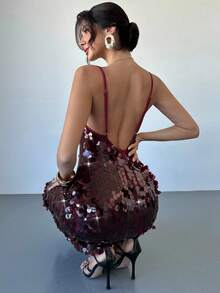 Firerie 女士勃艮第亮片刺绣亮片舞会礼服，细肩带深 V 领长裙，优雅露背美人鱼下摆晚礼服，超长礼服，婚礼宾客礼服，适合春季、夏季、秋季、冬季、优雅、通勤、约会、派对、婚礼季节、毕业典礼、舞会、表演、音乐会、工作、返校、年会、女士生日礼服 - 酒紅色 - 查看 6