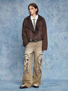 ROMWE MEN Men's Casual Fashion Street Leopard Print Patchwork Loose Flare Wide Leg Jeans, Without Belt - Brown - View 3