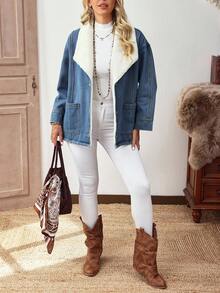 EMERY ROSE 女士休闲牛仔夹克，带保暖衬里，大翻领，单排扣，长袖，适合秋冬季 - 淺色水洗藍 - 查看 6