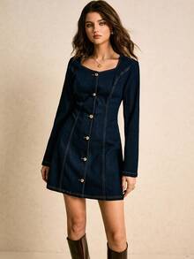 Poéselle 新款复古时尚纽扣腰牛仔连衣裙，长袖连衣裙，女士冬季连衣裙，纽扣连衣裙，女士牛仔连衣裙，长袖牛仔连衣裙，适合丰满女性，女士西装连衣裙，牛仔连衣裙 - 深色水洗藍 - 查看 5