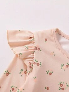 SHEIN 4 件套女婴休闲日常百搭芭蕾薄纱裙套装，芭蕾舞者条纹碎花上衣，柔软舒适面料，超值多件套 - 卡其色 - 查看 7