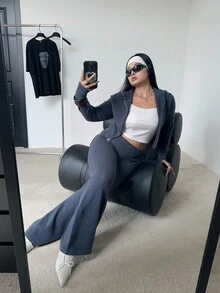 POPSWAY Plus Size Women Fitted Hooded Zip-Up Cardigan And Flared Pants Knit Suit, Versatile For Autumn/Winter - Dark Grey - View 4
