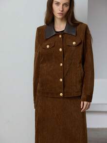 Aveloria Modichic 法式复古风格休闲雪尼尔两件套，领口撞色皮夹克上衣和 A 字高腰修身裙，优雅休闲女装 - 棕色 - 查看 5