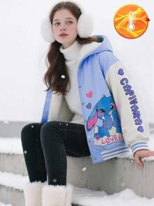 SHEIN Tween Girl Letter & Cartoon Print Zip-Up Thermal Lined Hoodie Jacket, Autumn/Winter Fall