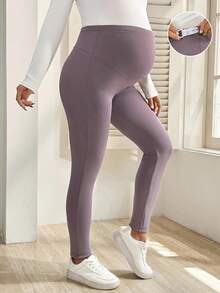 SHEIN Maternity Solid Color Adjustable Waist Casual Leggings Purple Winter Warm - Multicolor - View 3