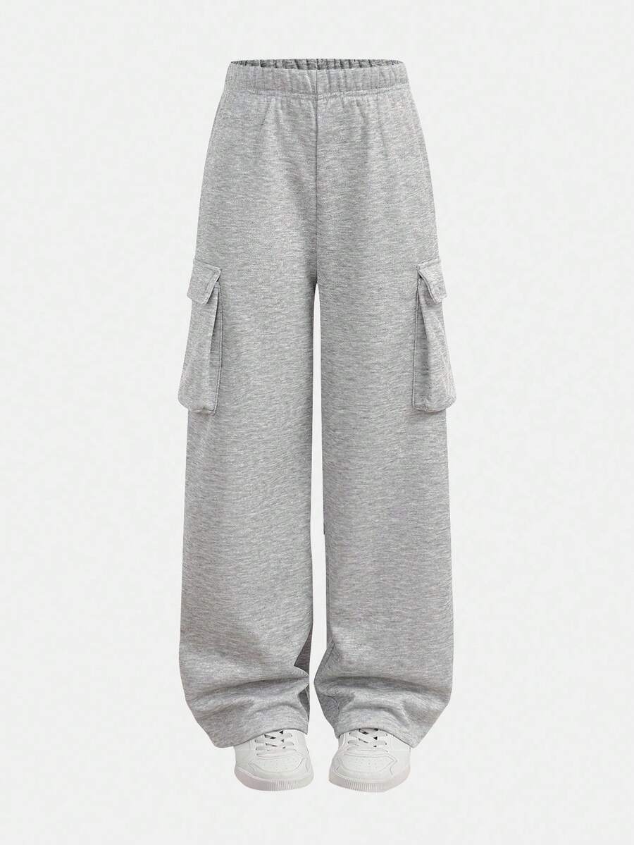 SHEIN Girlism بنطلون كاجوال فضفاض مبطن حراريًا بطبعة زهرية رمادية للمراهقات، بنطلون رياضي فضفاض رمادي، بنطلون رياضي فضفاض رمادي واسع الساق، بنطلون رياضي فضفاض رمادي للبنات