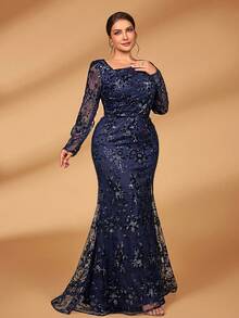 Serin Plus Size Navy Blue Winter Formal Elegant Evening Formal Wedding Guest Dress,Luxurious Asymmetrical Collar Sequin Floral Embroidered Fishtail Gown - Blue - View 8