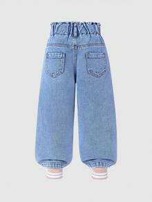 SHEIN ChillGRL Young Girl's Casual Straight Leg Jeans With Rabbit Print, Fashion Streetwear Suitable For School And Daily Wear. Adorable Rabbit Print In Blue And Purple, Ruffle Waistband Design, Relaxed Fit Light Blue Washed Denim. Elastic Waistband Provides Comfort, Suitable For Everyday Outings, Vacation, Campus Life And Hanging Out With Friends. - Blue - View 2