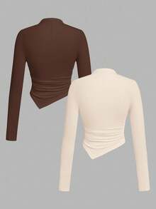 SHEIN SXY 2件套立领不对称下摆黑白长袖T恤 - 彩色 - 查看 2