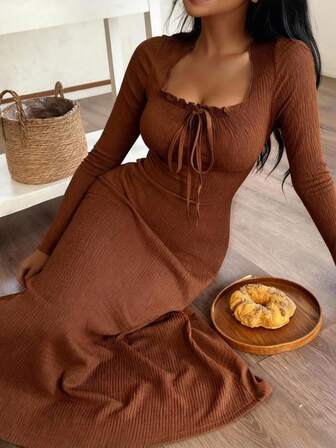 SHEIN Plus Size Women Casual Solid Color Jacquard Ruched Frill Trim Square Neck Long Sleeve Nightgown Women Brown Dress Brown Dress Women Loungewear Dress Brown Long Sleeve Dress Long Sleeve Dress, Fall, Cozy Outfit