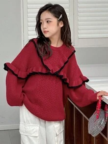 DAZY Tween Girl Ruffle Patchwork Drop Shoulder Casual Crew Neck Pullover Sweater, Autumn/Winter,New Year - Red - View 6