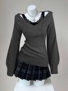 Sunspun 复古修身深V领时尚毛衣，秋冬 - 深灰色 - 查看 1