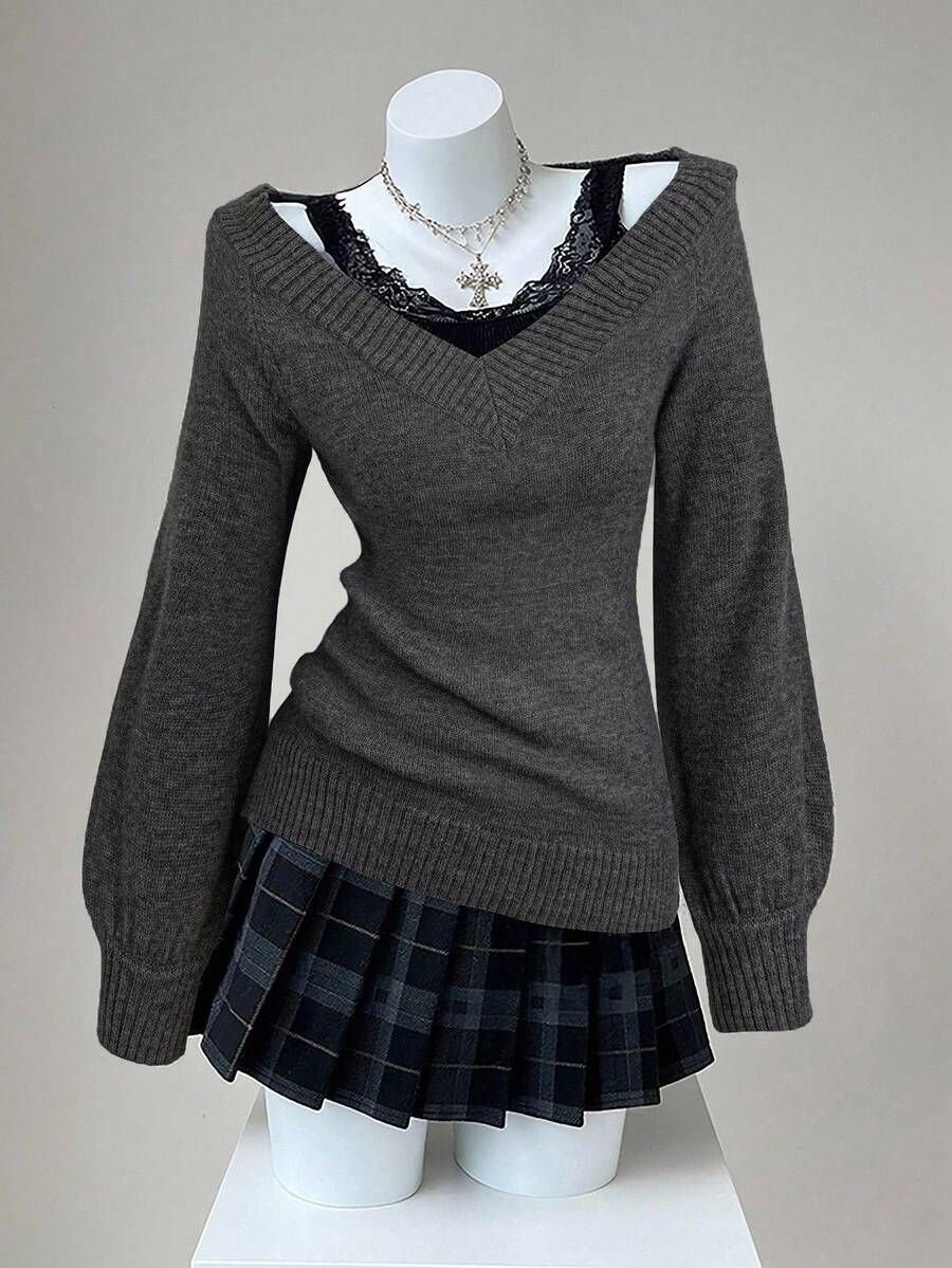 Sunspun 复古修身深V领时尚毛衣，秋冬 - 深灰色 - 查看 1