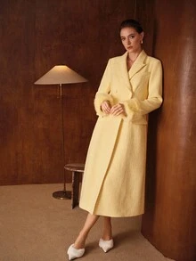 MOTF PREMIUM PLUSH SLEEVE PATCHWORK LONG WOOL BLEND OVERCOAT, AUTUMN/WINTER - Yellow - View 6