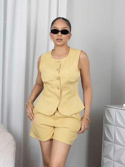 Melissa Matos Conjunto de chaleco sin mangas y shorts para mujer, conjunto cómodo de vacaciones