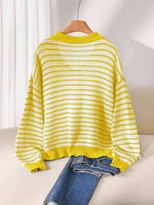 CosyJoli Plus Size Casual Polo Collar Striped Long Sleeve Pullover Sweater In Fall/Winter - Yellow - View 2