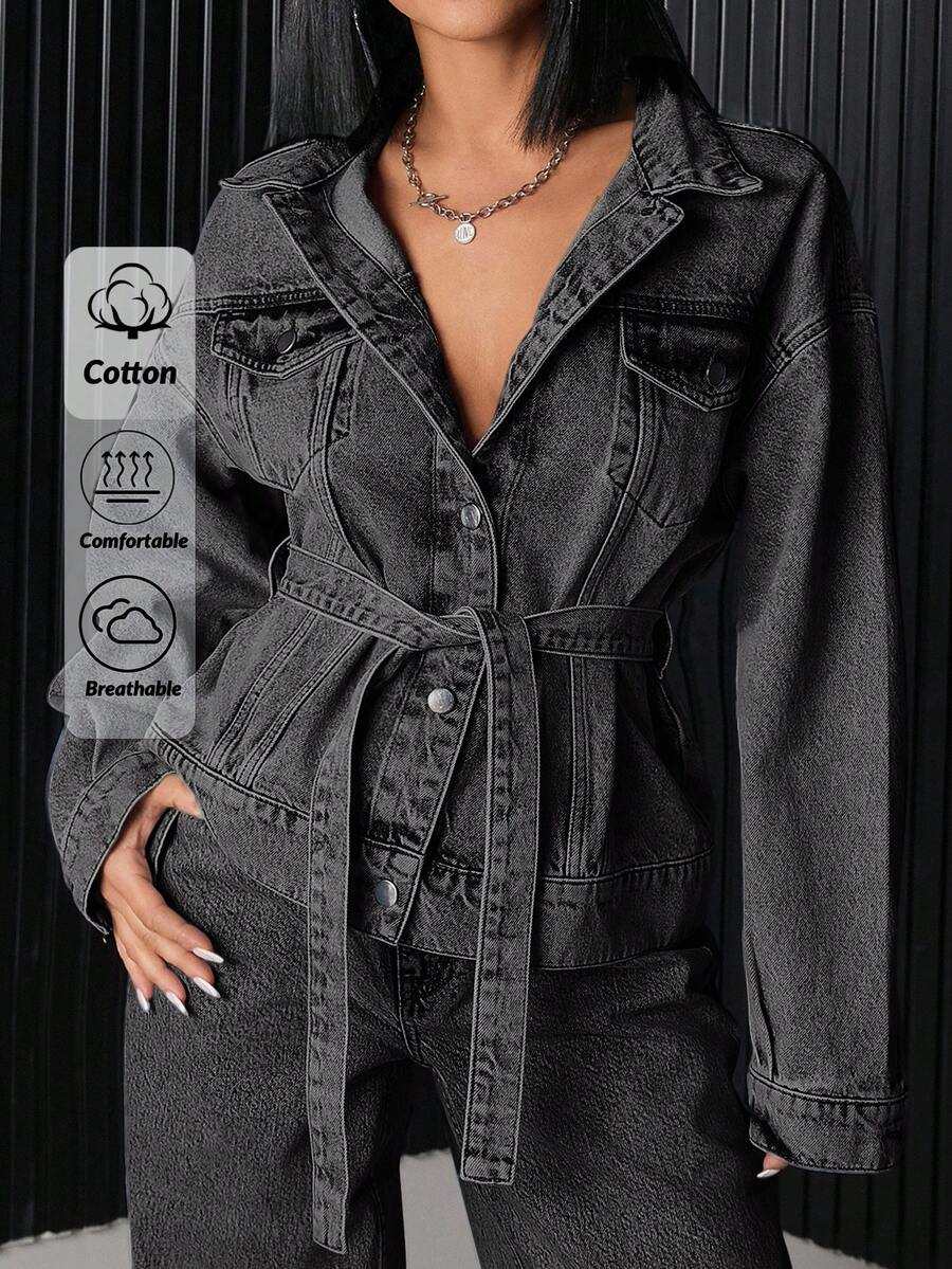 EURMUSE Flap Pocket Button Front Denim Jacket - Light Grey - View 1