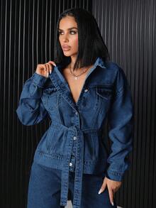 EURMUSE Flap Pocket Button Front Denim Jacket - Medium Wash - View 8