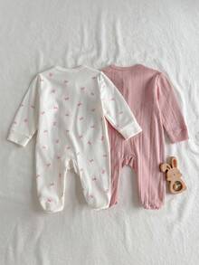 Loomiva Newborn Baby 2pcs/Set Solid Color&Butterfly Print Zip-Up Long Sleeve Jumpsuit Zipper Girl Zip Up Bow Fall Winter - Pink - View 2