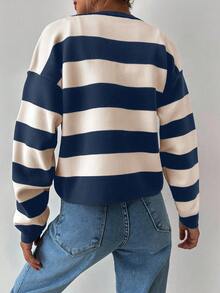 EURMUSE Women's Autumn Striped Long Sleeve Metal Single-Breasted Knit Cardigan - Dusty Blue - View 2