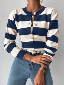 EURMUSE Women's Autumn Striped Long Sleeve Metal Single-Breasted Knit Cardigan - Dusty Blue - View 5