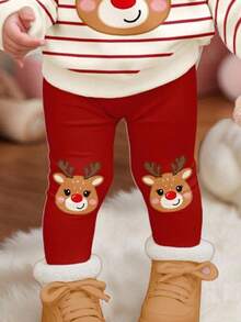 SHEIN Happikins Burgundy Striped, Cute Christmas Cartoon Reindeer Pattern, Baby Girl Casual Soft Thick Crew Neck Long Sleeve Sweatshirt And Leggings Set, Suitable For Autumn/Winter Daily Wear, Christmas, Cozy Season, Christmas Gifts, Autumn & Winter Outfits For , Easy Comfort, Autumn & Winter Layers For Baby & Girls, Stylish Girls, Casual Wear, Baby & Kids Graphic Clothes, Fall & Winter Clothes, Fall New Style