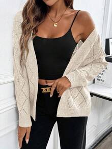 EMERY ROSE Casual Comfortable Hollow Diamond Pattern Cardigan For Women - 杏色 - 查看 3