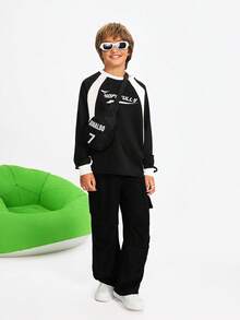 SHEIN Tween Boy Casual Patchwork Contrast Color Letter Print Round Neck Raglan Sleeve Loose Sweatshirt, Back To School Fall Winter - Black - View 3