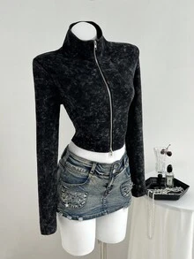 Elamini 1pc Women's Black Sweatshirt, Skin-Friendly Cotton Fabric, Stand Collar, Double-Zipper, Slim Fit Long Sleeve, Casual & Minimalist, Spring/Autumn - Black - View 5