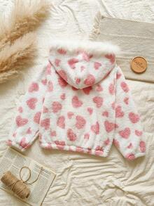 Vintaside Kids Tween Girls Cute Heart Pattern Thermal Lined Hooded Zip-Up Jacket, Pink, Loose Fit, Suitable For Outdoor, Casual, School, Party Wear - Multicolor - View 2