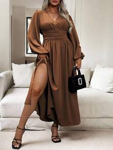 Vionelle 大码女式春夏纯色 V 领褶饰腰灯笼袖侧开衩下摆优雅连衣裙长款女装 - 巧克力棕 - 查看 1