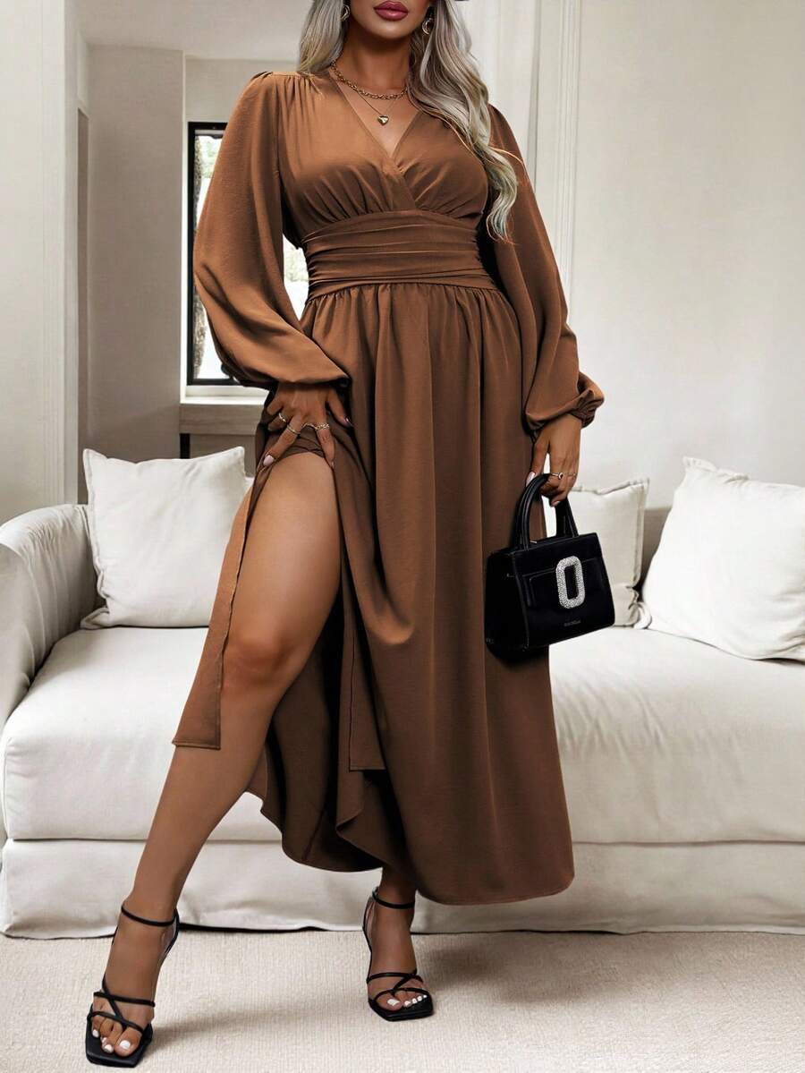 Vionelle 大码女式春夏纯色 V 领褶饰腰灯笼袖侧开衩下摆优雅连衣裙长款女装 - 巧克力棕 - 查看 1