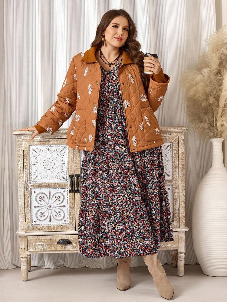 Plus Size Women's Fall V-Neck Floral Print Long Sleeve Cinched Waist Maxi Dress, Autumn/Winter,Going Out Outfits,2025 New Clothes,Dresses Casual,Flowy Dress,Simple And Fashionable For Everyday Wear,Flowy Dress