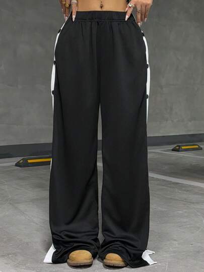 SHEIN EZwear Pantalones casuales sueltos con botones laterales de contraste para mujer