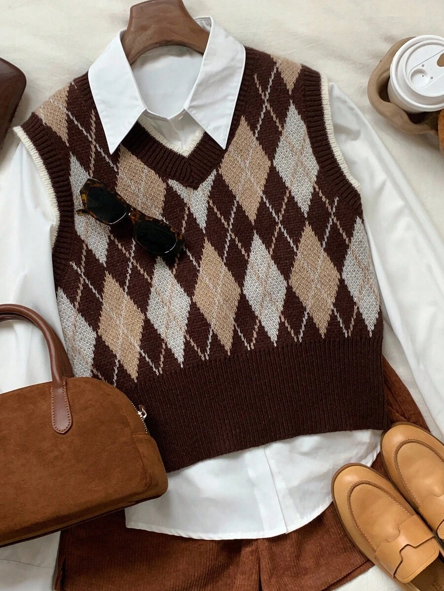 Comfortcana 女士休闲菱形针织背心，秋冬 - 棕色 - 查看 1