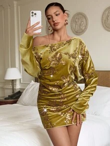Aloruh Damen Neues Samt-Pailletten Minikleid, glamouröses Partykleid, asymmetrisches Schulter Minikleid, Herbst/Winter - Grün - Übersicht 4