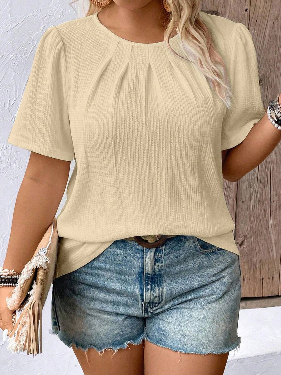 夏季大码休闲纯色短袖衬衫 - 淡黃色 - 查看 1