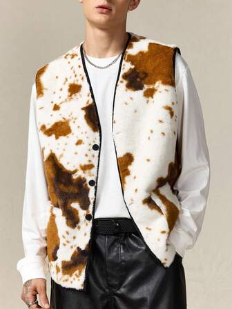 Street Life Gilet casual alla moda da uomo in stile western cowboy, con stampa di mucca e chiusura a bottoni, adatto per l'autunno/inverno