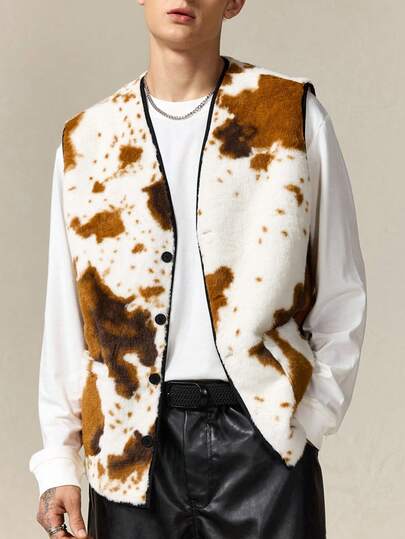 Street Life Gilet décontracté à la mode de style cowboy occidental avec imprimé vache, en polaire à boutons, pour l'automne/l'hiver