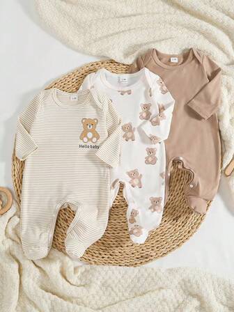 Souflis Souflis 3pcs Newborn Long Sleeve Footed Romper Set, Cartoon Bear Pattern Knit Pajamas Newborn Neutral Outfit Baby Bear Clothes Newborn Baby Layette Set Neutral Baby Clothes Unisex