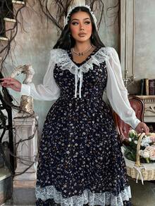 Lyrianda Vintage Romantic Floral Lace Patchwork Elegant Contrast Color Dress
