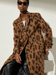 Aveloria Modichic Random Leopard Print Classic Lapel Long Coat, European And American Style