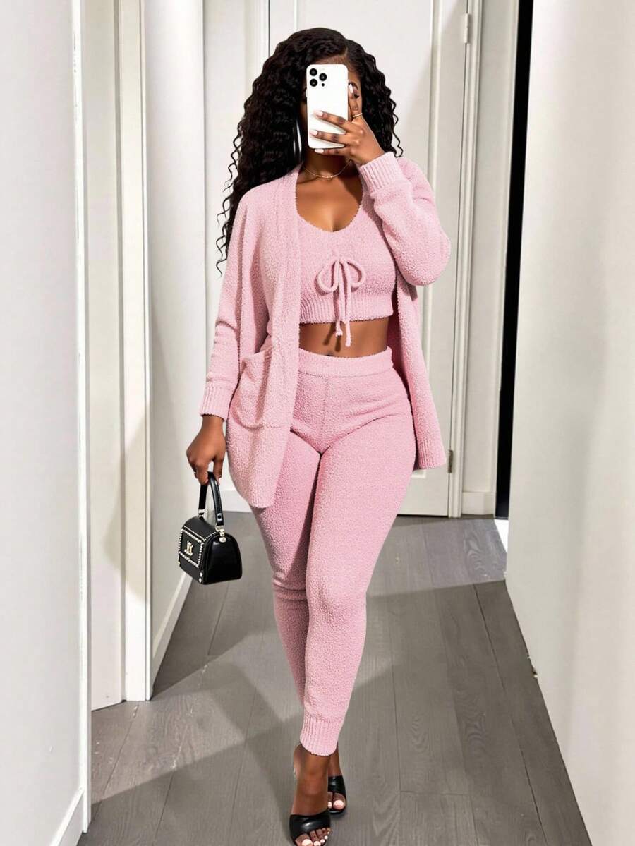 VaVaBold 純色短款針織上衣和前面打結開衫和針織褲 - 粉色 - 查看 1