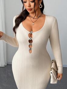 Elenzga Women's Elegant Hollow Out Asymmetrical Metal Button Plus Size Round Neck Drop Shoulder Long Sleeve Solid Color Long Knit Sweater Dress - Apricot - View 3