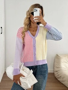 SHEIN LUNE Gestreifter V-Ausschnitt Knopfverschluss Lässig Langarm Strickjacke für Frauen, Sommer Strickjacke für Frauen, gestreifte Strickjacke für Frauen, bunte Strickjacke für Frauen, Strickjacke für Frauen Herbst Winter Kleidung für Frauen - Verschiedenfarbig - Übersicht 1