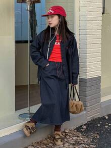 DAZY Tween Girl Fashion Solid Color Long Sleeve Loose Fit Shirt Denim Set - Blue - View 6