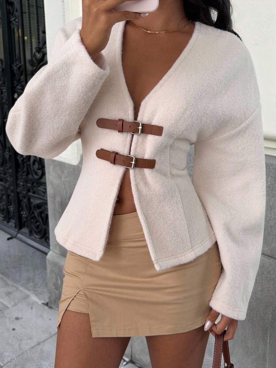 SHEIN EZwear Women's Autumn/Winter V-Neck Cinched Waist Leather Buckle Decor Flared Sleeve Wool Blend Coat,For Going Out Outfits