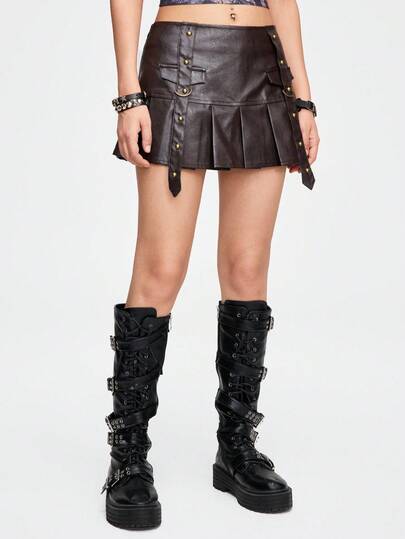 Grunge Punk Jupe mini plissée avec lacets à œillets, style casual Y2K grunge, avec short intégré pour femmes